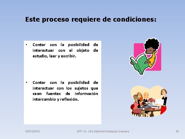 Este proceso requiere de condiciones: • Contar con la posibilidad de interactuar con el