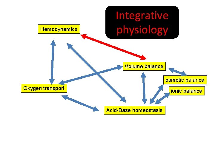 Hemodynamics Integrative physiology Volume balance osmotic balance Oxygen transport ionic balance Acid-Base homeostasis 