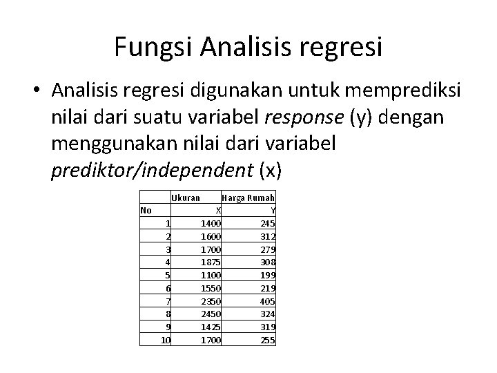 Fungsi Analisis regresi • Analisis regresi digunakan untuk memprediksi nilai dari suatu variabel response