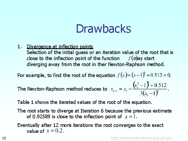 Drawbacks 1. Divergence at inflection points Selection of the initial guess or an iteration Drawbacks 1. Divergence at inflection points Selection of the initial guess or an iteration