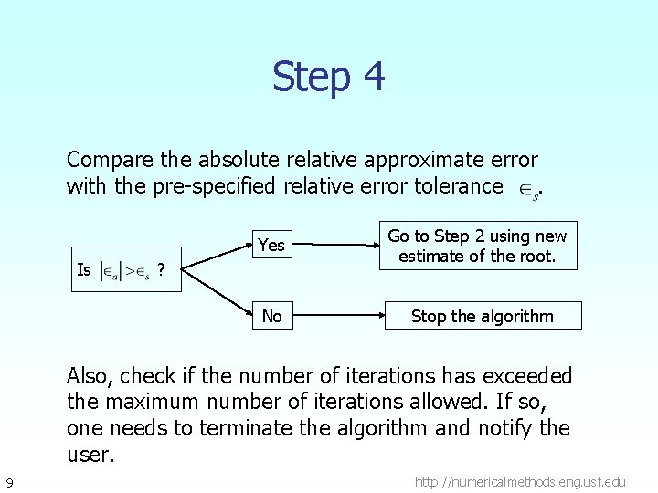Step 4 Compare the absolute relative approximate error with the pre-specified relative error tolerance. Step 4 Compare the absolute relative approximate error with the pre-specified relative error tolerance.