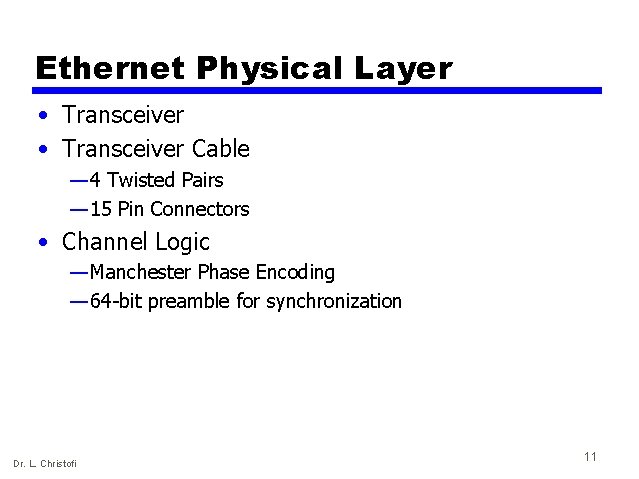 Ethernet Physical Layer • Transceiver Cable — 4 Twisted Pairs — 15 Pin Connectors