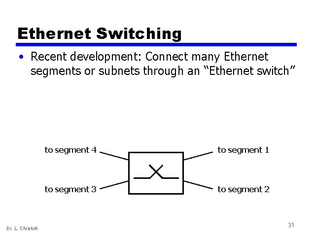 Ethernet Switching • Recent development: Connect many Ethernet segments or subnets through an “Ethernet