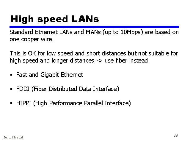 High speed LANs Standard Ethernet LANs and MANs (up to 10 Mbps) are based