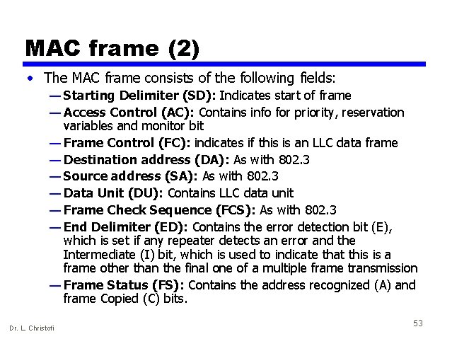 MAC frame (2) • The MAC frame consists of the following fields: — Starting