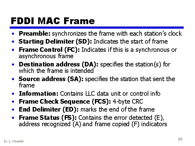 FDDI MAC Frame • Preamble: synchronizes the frame with each station’s clock • Starting