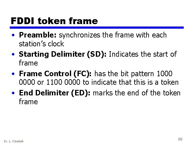 FDDI token frame • Preamble: synchronizes the frame with each station’s clock • Starting