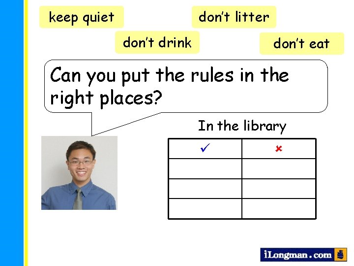 keep quiet don’t litter don’t drink don’t eat Can you put the rules in