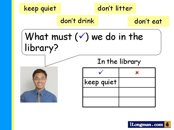 keep quiet don’t litter don’t drink don’t eat What must ( ) we do
