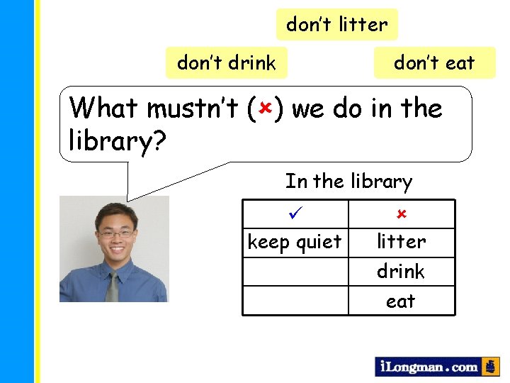 don’t litter don’t drink don’t eat What mustn’t ( ) we do in the