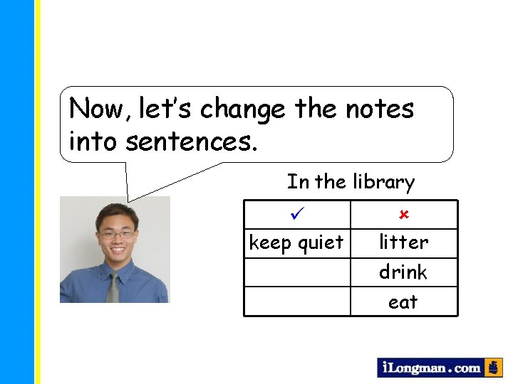 Now, let’s change the notes into sentences. In the library keep quiet litter drink