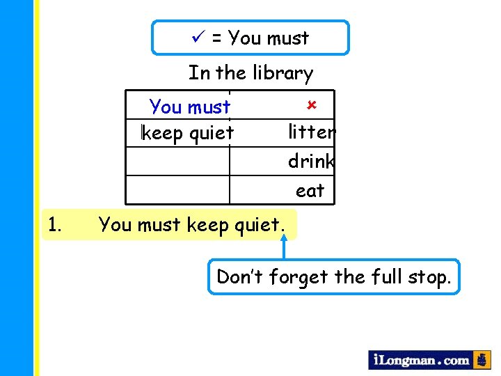  = You must In the library You must keep quiet 1. litter drink