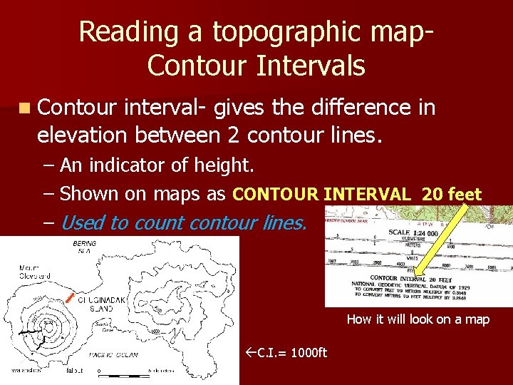 Reading a topographic map. Contour Intervals n Contour interval- gives the difference in elevation