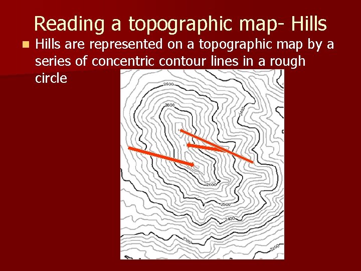 Reading a topographic map- Hills n Hills are represented on a topographic map by