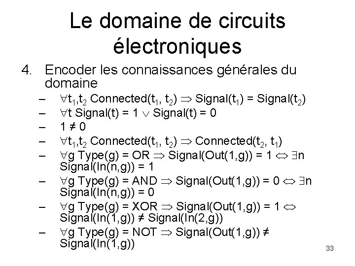 Le domaine de circuits électroniques 4. Encoder les connaissances générales du domaine – –