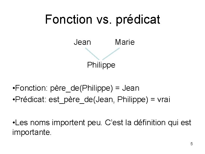 Fonction vs. prédicat Jean Marie Philippe • Fonction: père_de(Philippe) = Jean • Prédicat: est_père_de(Jean,