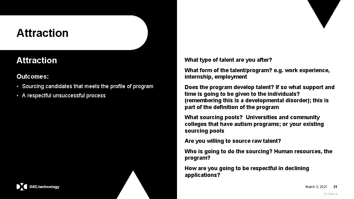 Attraction What type of talent are you after? Outcomes: What form of the talent/program?