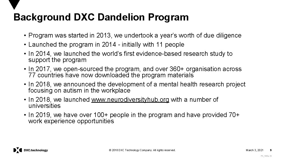 Background DXC Dandelion Program • Program was started in 2013, we undertook a year’s