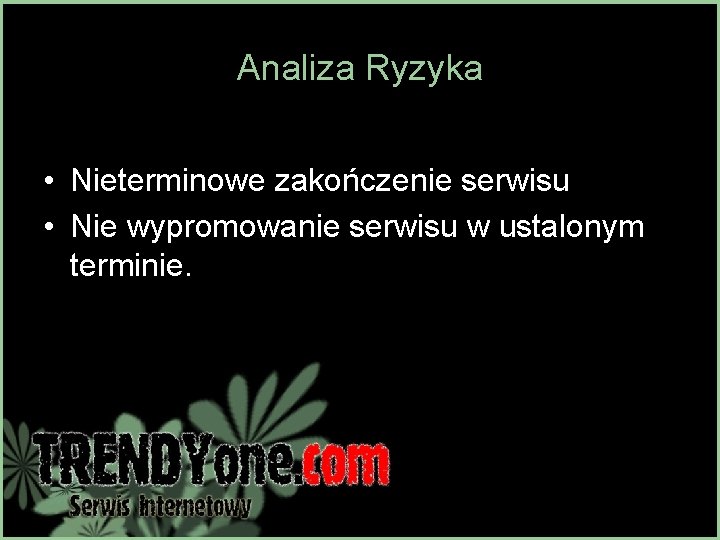 Analiza Ryzyka • Nieterminowe zakończenie serwisu • Nie wypromowanie serwisu w ustalonym terminie. 