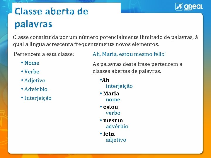 Classe aberta de palavras Classe constituída por um número potencialmente ilimitado de palavras, à