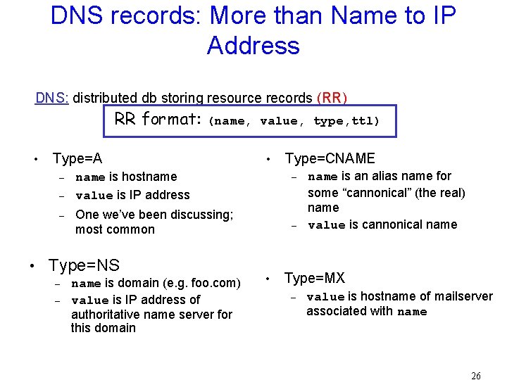 DNS records: More than Name to IP Address DNS: distributed db storing resource records