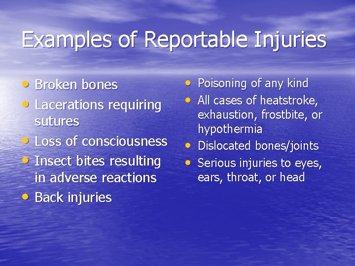 Examples of Reportable Injuries • Broken bones • Lacerations requiring • Poisoning of any