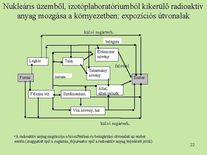 Nukleáris üzemből, izotóplaboratóriumból kikerülő radioaktív anyag mozgása a környezetben: expozíciós útvonalak külső sugárterh. belégzés