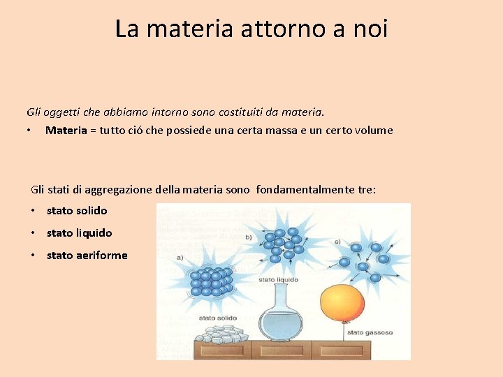 La materia attorno a noi Gli oggetti che abbiamo intorno sono costituiti da materia.