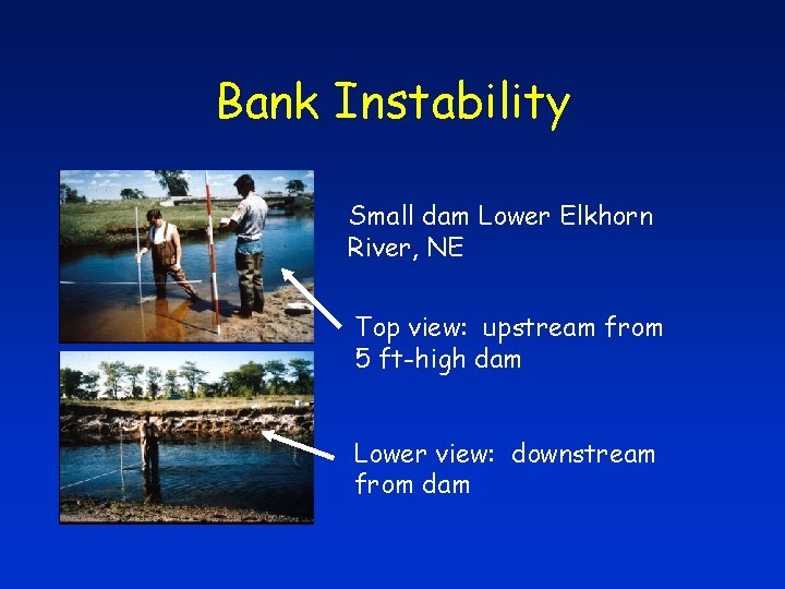 Bank Instability Small dam Lower Elkhorn River, NE Top view: upstream from 5 ft-high