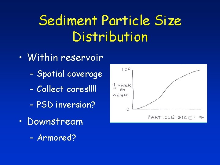Sediment Particle Size Distribution • Within reservoir – Spatial coverage – Collect cores!!!! –