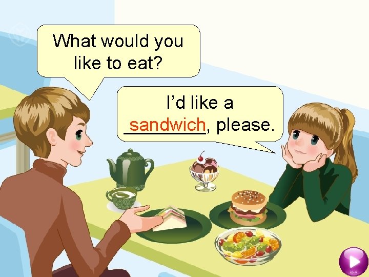 What would you like to eat? I’d like a sandwich please. ____, 