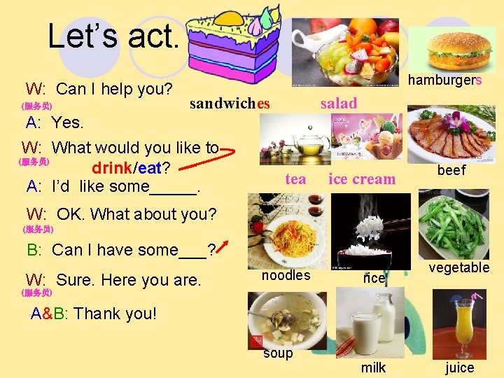 Let’s act. W: Can I help you? (服务员) hamburgers salad sandwiches A: Yes. W: