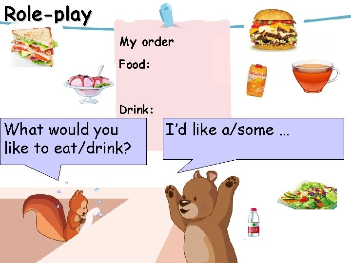 Role-play My order sandwich Food: hamburger ice cream Drink: What would you I’d like