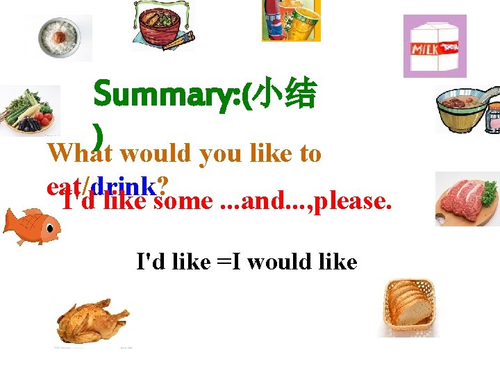 Summary: (小结 ) What would you like to eat/drink? I'd like some. . .