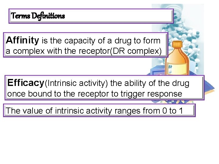 Terms Definitions Affinity is the capacity of a drug to form a complex with