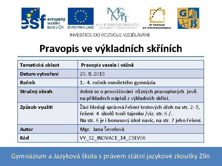 Pravopis ve výkladních skříních Tematická oblast Pravopis vesele i vážně Datum vytvoření 20. 8.