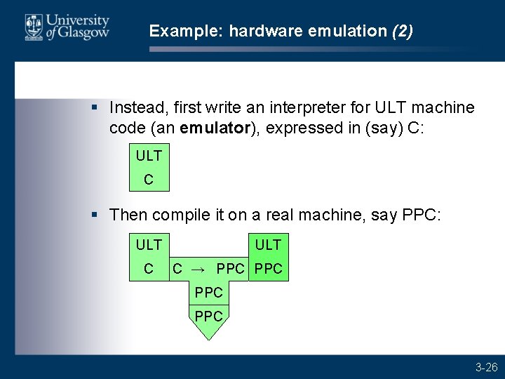 Example: hardware emulation (2) § Instead, first write an interpreter for ULT machine code