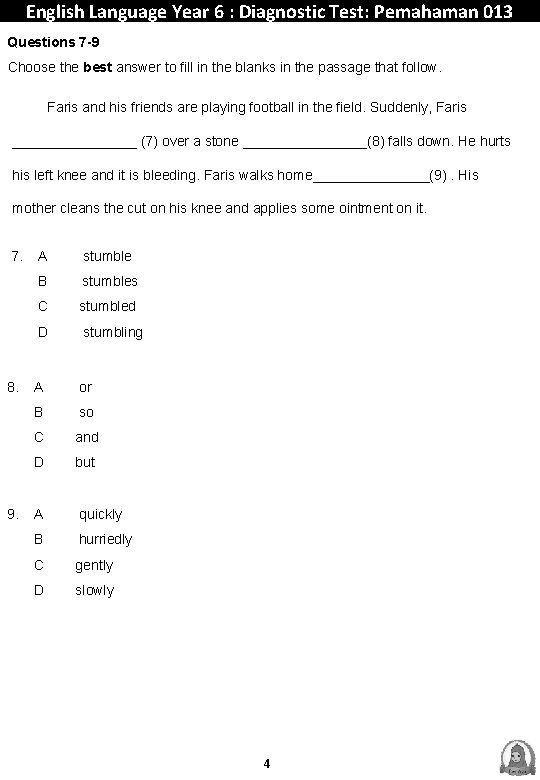 English Language Year 6 Diagnostic Test Pemahaman 013