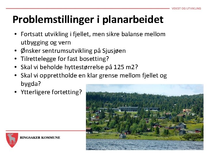 Problemstillinger i planarbeidet • Fortsatt utvikling i fjellet, men sikre balanse mellom utbygging og