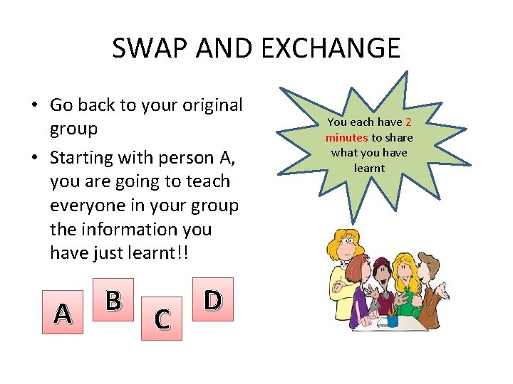 SWAP AND EXCHANGE • Go back to your original group • Starting with person