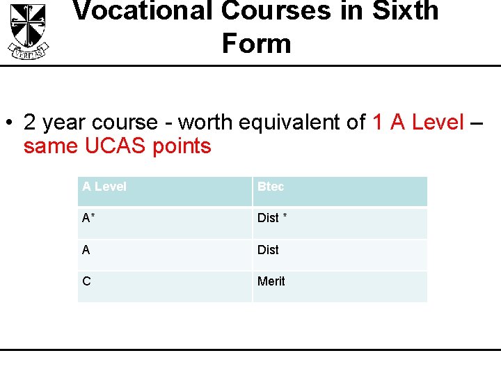 Vocational Courses in Sixth Form • 2 year course - worth equivalent of 1