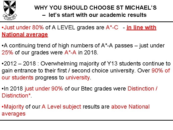 WHY YOU SHOULD CHOOSE ST MICHAEL’S – let’s start with our academic results •