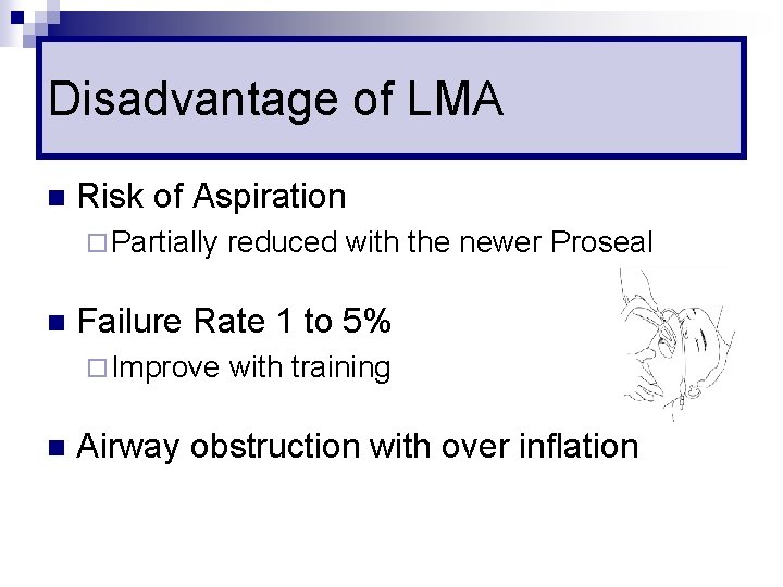 Disadvantage of LMA n Risk of Aspiration ¨ Partially n Failure Rate 1 to
