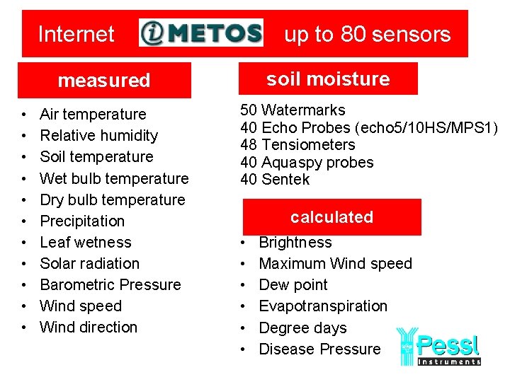 Internet up to 80 sensors soil moisture measured • • • Air temperature Relative