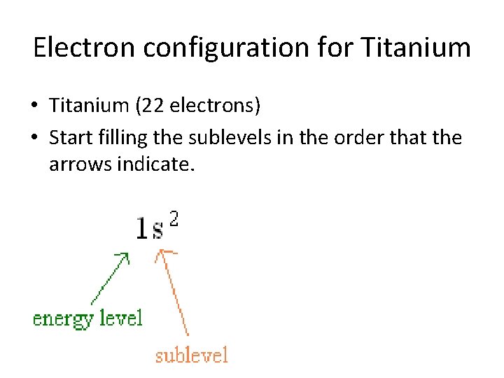 Electron configuration for Titanium • Titanium (22 electrons) • Start filling the sublevels in