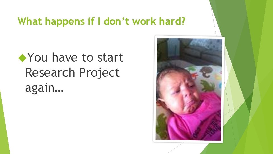 What happens if I don’t work hard? You have to start Research Project again…