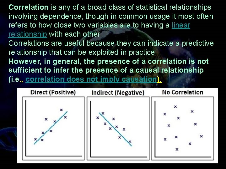 Correlation is any of a broad class of statistical relationships involving dependence, though in