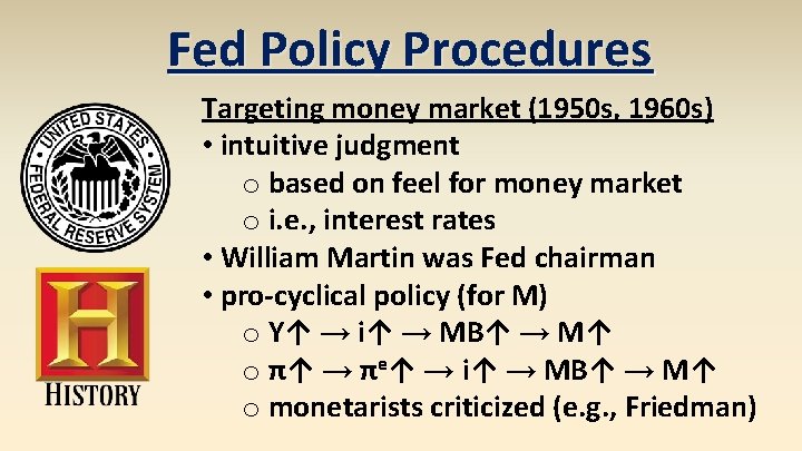 Fed Policy Procedures Targeting money market (1950 s, 1960 s) • intuitive judgment o