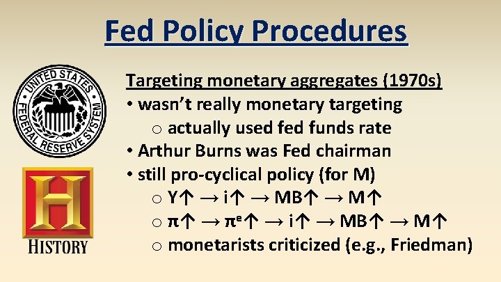 Fed Policy Procedures Targeting monetary aggregates (1970 s) • wasn’t really monetary targeting o