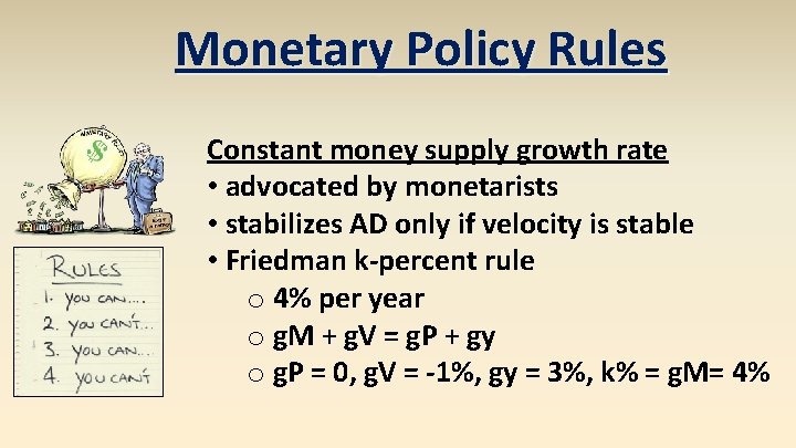 Monetary Policy Rules Constant money supply growth rate • advocated by monetarists • stabilizes